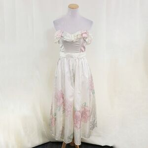 Vintage 70s 80s ruffled prom dress ivory pink floral satin